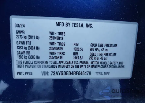 2024 Tesla Model Y Rwd z USA, uszkodzony, nr VIN 7SAYGDED4RF046479